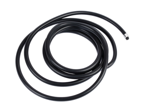 Coiled dark hose, viewed top-down, resting on black backdrop with a silver connector on end