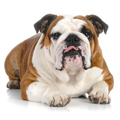 Obraz premium Brown and white wrinkly breed dog, resting on a white background