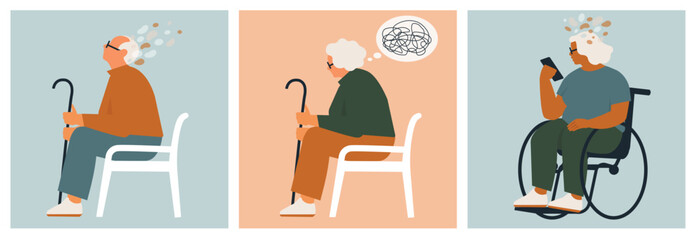 Alzheimer illness disease patients concept. Set of elderly confused man and women with memory loss and flying around. Brain disease in pensioners. Cartoon contemporary flat vector collection.