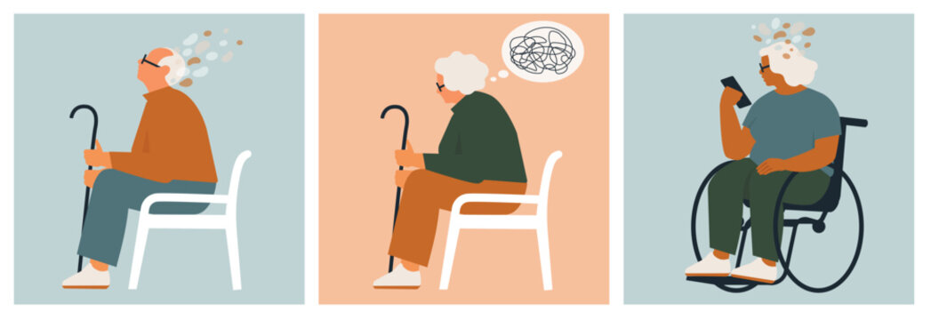 Alzheimer illness disease patients concept. Set of elderly confused man and women with memory loss and flying around. Brain disease in pensioners. Cartoon contemporary flat vector collection.