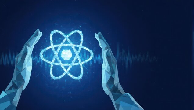 React JS concept - Hands holding glowing atom symbol on blue background.