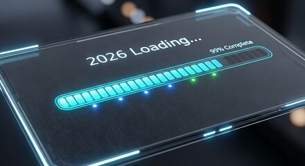 Loading bar on a futuristic device displaying 2026, indicating progress or a software update isolated on white background