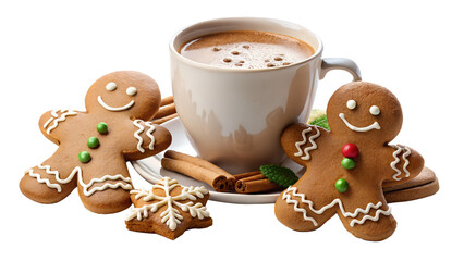 Festive gingerbread cookies and a cup of hot chocolate isolated on transparent background, creating a cozy and delightful scene for the holiday season celebration