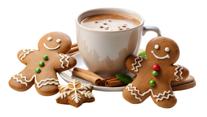 Festive gingerbread cookies and a cup of hot chocolate isolated on transparent background, creating a cozy and delightful scene for the holiday season celebration