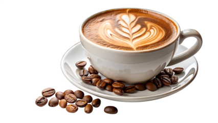 A cup of cappuccino isolated on transparent background, adorned with latte art and surrounded by roasted coffee beans, creating a warm and inviting ambiance for coffee lovers everywhere