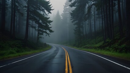 Curving asphalt road cutting through forest in dense fog, mysterious and dramatic lighting, moody landscape, perfect for adventure, mystery, or solitude-themed stock images.