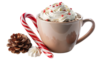 A festive mug of hot chocolate adorned with whipped cream and red sprinkles, accompanied by a candy cane and pine cone, evoking a cozy winter holiday atmosphere, isolated on transparent background
