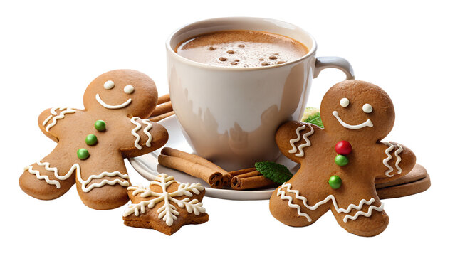 Festive gingerbread cookies and a cup of hot chocolate isolated on transparent background, creating a cozy and delightful scene for the holiday season celebration