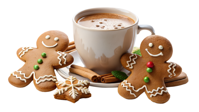Festive gingerbread cookies and a cup of hot chocolate isolated on transparent background, creating a cozy and delightful scene for the holiday season celebration