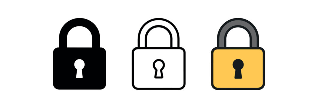 lock closed shackle icon on white background Black silhouette flat icon outline icon and colored icon style. three minimal vector icon style