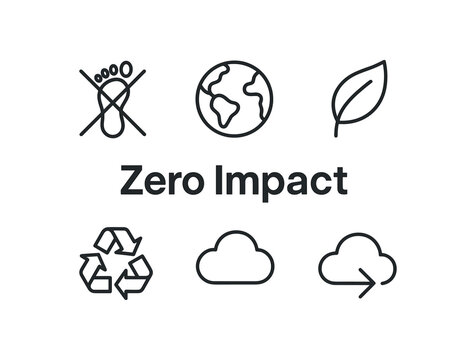 outline vector icon 6 isolated on white background minimal black monochrome style flat vector icon illustration central bold title text Zero Impact surrounding icons: footprint crossed