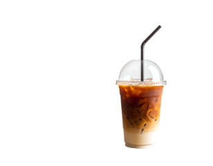 Cold beverage in clear plastic cup w/ dome lid, swirl of cream. Black background
