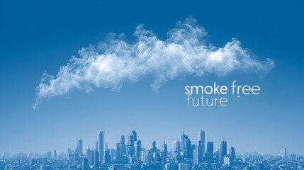 Smoke free future text in cloud shape above modern city skyline promoting clean air, health awareness, and quitting smoking for The Great American Smokeout
