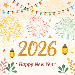 Happy New Year 2026 celebration illustration with bright fireworks, golden confetti, and festive lights on a white background