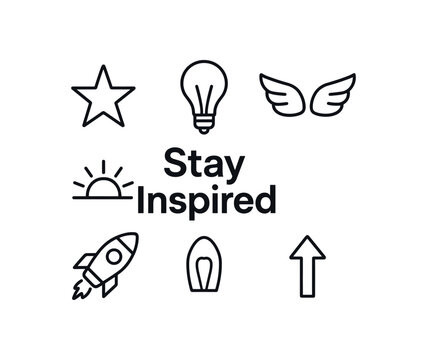 outline vector icon 6 isolated on white background minimal black monochrome style flat vector icon illustration central bold title text Stay Inspired surrounding icons: light bulb wings