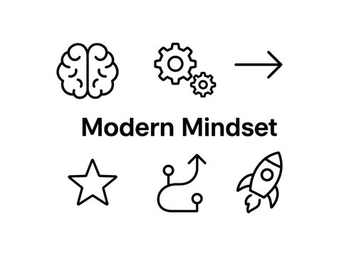 outline vector icon 6 isolated on white background minimal black monochrome style flat vector icon illustration central bold title text Modern Mindset surrounding icons: brain gears arrow