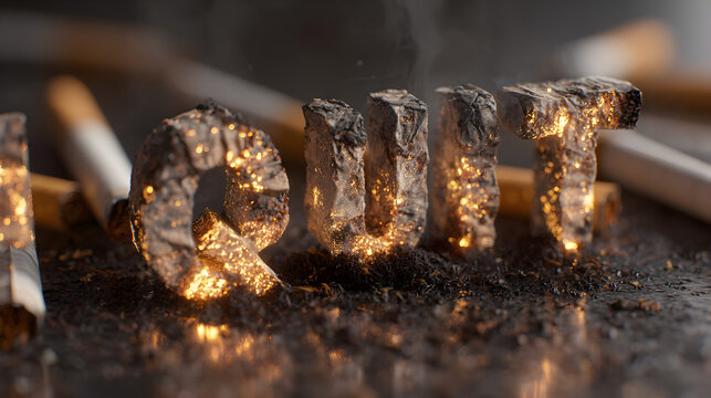 Word QUIT formed from burning cigarette ashes glowing with embers symbolizing strength, motivation, and willpower to stop smoking for The Great American Smokeout
 - Powered by Adobe
