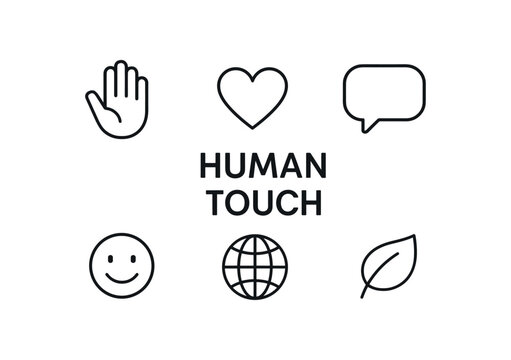 outline vector icon 6 isolated on white background minimal black monochrome style flat vector icon illustration central bold title text Human Touch surrounding icons: hand heart chat globe