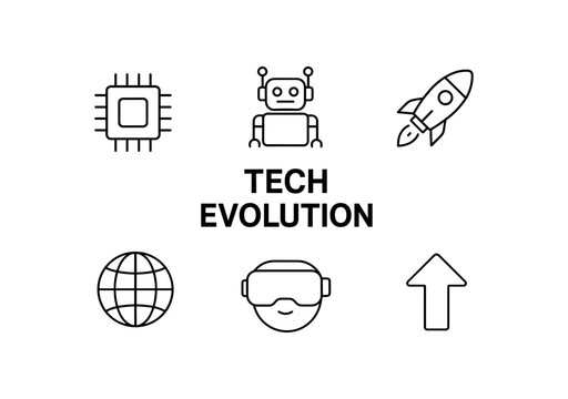 outline vector icon 6 isolated on white background minimal black monochrome style flat vector icon illustration central bold title text Tech Evolution surrounding icons: chip robot rocket