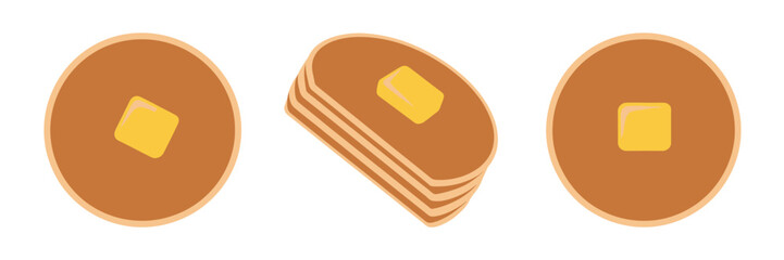 Stacked pancakes icons, round griddle cakes, melting butter pieces, breakfast food illustration, bakery menu art, simple vector clipart