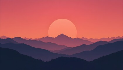 Silhouettes of layered mountain ranges under vibrant orange-pink sunset sky, soft gradient tones, minimalistic composition, modern aesthetic, ideal for background or inspirational poster design.