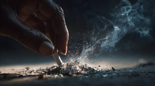 Close up of hand extinguishing a cigarette on dark surface with smoke and ashes symbolizing quitting smoking and health awareness for The Great American Smokeout
