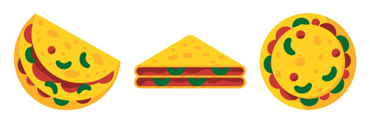 Smiling taco, cute sandwich wedge, happy round snack face, playful fast food clipart, fun vector illustration