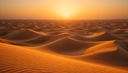 Vast desert landscape with smooth golden sand dunes under orange sunset light, long shadows and rippled textures, clear sky, warm tones, photorealistic detail, perfect for travel or adventure stock im