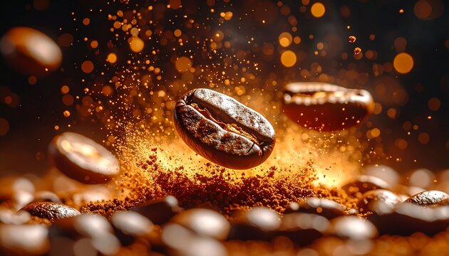 Explosi&oacute;n din&aacute;mica de granos de caf&eacute; tostados capturada en c&aacute;mara ultra lenta, con granos flotando y estallando en el aire, iluminaci&oacute;n c&aacute;lida y contrastada, fondo oscuro para resaltar los detalles