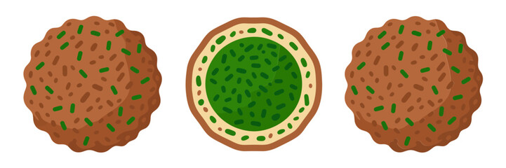 Falafel patties, herb dip bowl, crunchy round snacks, Middle Eastern street food, delicious vegetarian icons, clean vector
