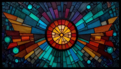 Beautiful stained glass piece with a blue and yellow circle in the center