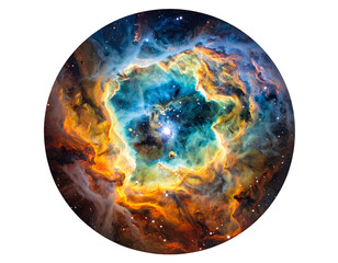Circular cosmic cloud of vibrant, swirling gas with blue core and orange-gold outer regions in dark space