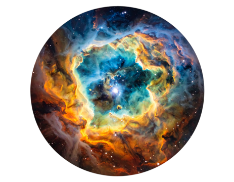 Circular cosmic cloud of vibrant, swirling gas with blue core and orange-gold outer regions in dark space