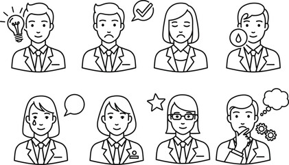 Collection of hand drawn business people icons expressing different emotions and ideas