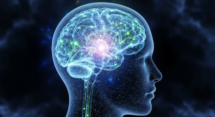Human brain with glowing neurons, representing intelligence and cognitive processes