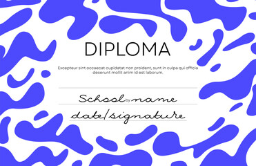 Kids graduation diploma design. Childish certificate template with abstract elements, shapes. Elementary school graduating document, personal achievement paper. Colored flat vector illustration