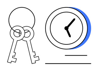 Clock symbolizing time management alongside interlocked keys representing strategy and solutions. Ideal for productivity, planning, decision-making, leadership, business, teamwork, success. Simple