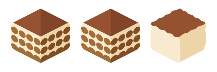 Layered dessert squares, cocoa dusted cream cake, coffee flavored tiramisu pieces, sweet bakery treat illustration, delicious vector