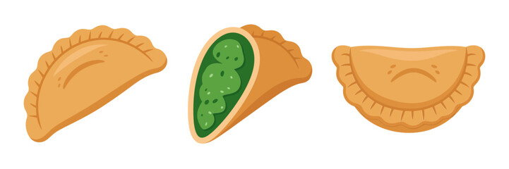Empanada pastry set, baked turnovers collection, golden crust shells, traditional savory snack, Latin cuisine illustration, vector