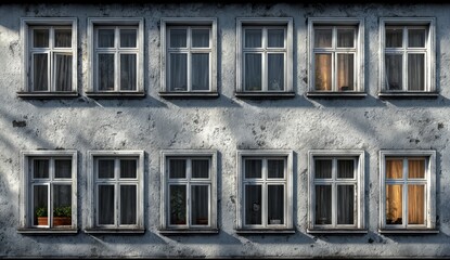 Fototapeta premium Row of windows on a building, with some of them open. The windows are all white and have a uniform appearance