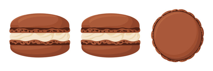 Chocolate macaron set, sandwich cookies with ganache filling, patisserie sweets collection, pastel dessert illustration, bakery vector