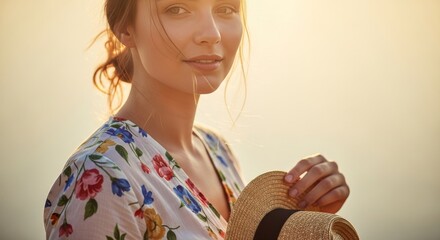Portrait of a woman holding a hat in the golden sunlight