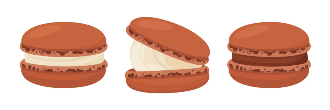 Caramel macaron assortment, cream filled sandwich biscuits, confectionery desserts pack, stylish patisserie clipart, sweet bakery vector