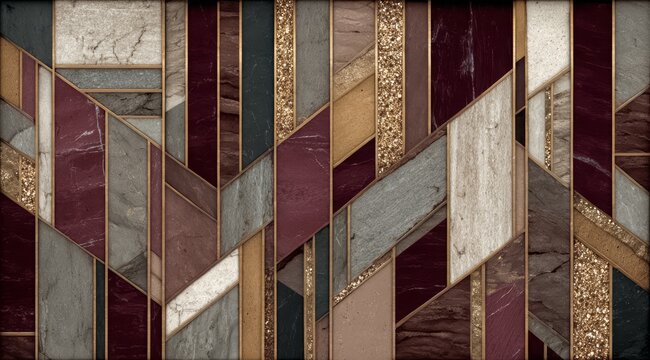 Wall with a gold and red design. The design is made up of many different colored squares and triangles