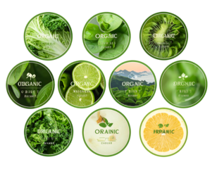 Collage of organic themed food circles, featuring green fruits and vegetables, with some text overlayed on each image