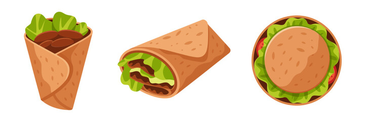 Stuffed flatbread wraps, crispy roll, soft pocket sandwich, lettuce tomato filling, takeaway snack collection, vector illustration, restaurant clipart