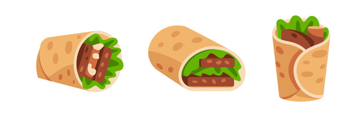 Burrito wrap icons, stuffed tortilla with vegetables, Mexican inspired street food, spicy lunch illustration, restaurant vector