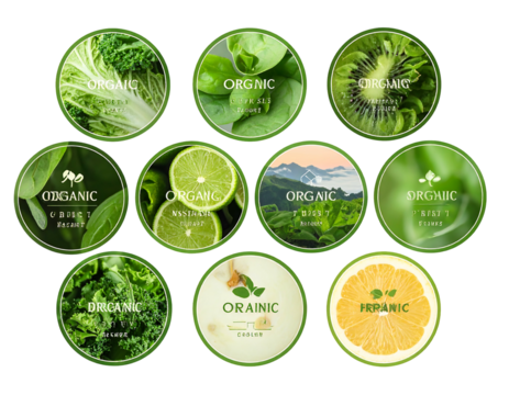 Collage of organic themed food circles, featuring green fruits and vegetables, with some text overlayed on each image