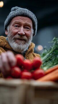 Smiling elderly man with a gray beard holding fresh tomatoes.