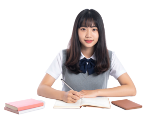 Asian woman in uniform writing in notebook, with books on a table against a black background